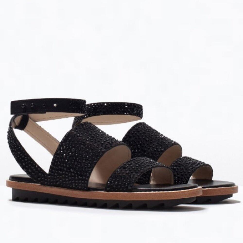 Zara chunky lugged soul ankle strap rhinestone flats 38